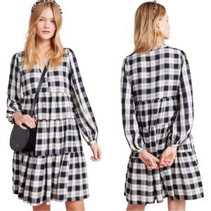 Anthropologie Maeve Amber Plaid Tiered LS Tunic Midi V-Neck Dress Black/White L